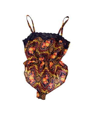Vintage 80s Escapades Floral Tapestry Lace Satin Teddy Bodysuit Medium
